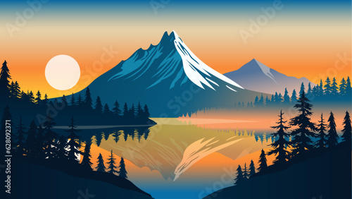 Obraz na płótnie Landscape with sunrise vector - Illustration of nature with big mountain, forest