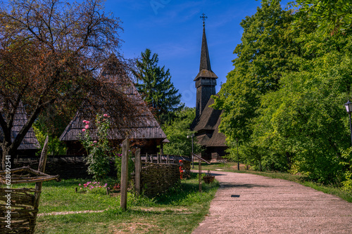 The Dragomiresti wooden church in village museum in the Dimitrie Gusti National Village Museum in Herastrau Park, Bucharest, Romania. © Saxanad