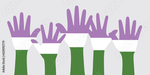 Silhouette of purple, white, and green colored hands as the colors of the genderqueer flag. Flat design illustration.