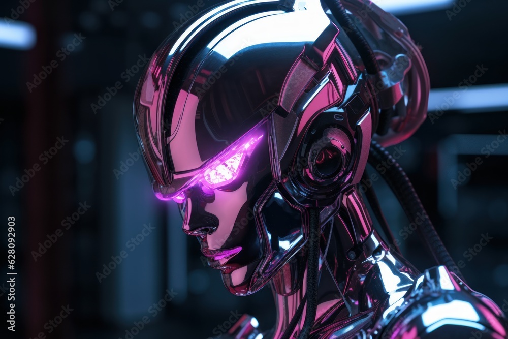 Illustration of a close-up of a robot wearing headphones, created using generative AI technology Illustration of a close-up of a robot wearing headphones, created using generative AI technology