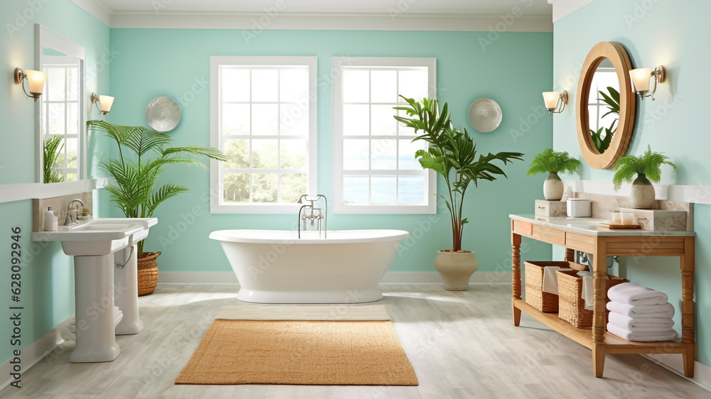 A tropical-inspired bathroom interior with green wall.