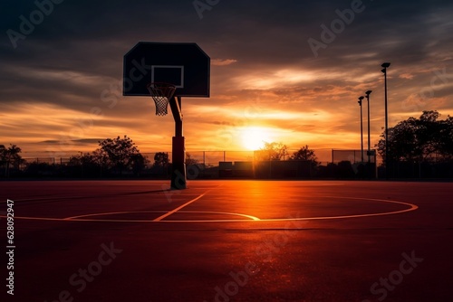 Sunset Hoops Outdoor Basketball Court in Action. Generative Ai