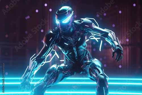 Illustration of a robot standing in front of a vibrant neon background created using generative AI
