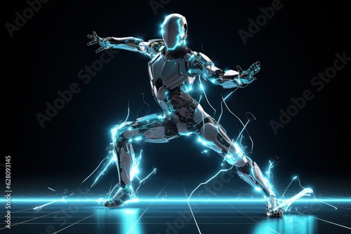 Illustration of a robot running through a dark room created using generative AI © Marius