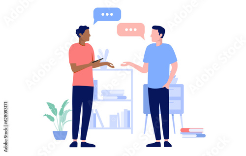 Two people talking - Vector illustration of men in office at work having discussion and conversation with speech bubbles. Flat design with white background