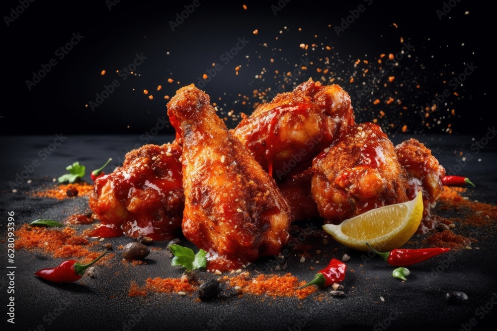 Illustration of a pile of chicken wings covered in sauce, created using generative AI