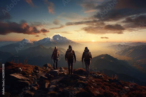 Photograph of people hiking in mountains with panoramic views at sunset, Generative AI