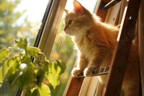 Feline Towering Cat Climbing on Window Perch. Generative Ai