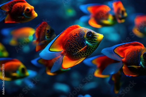 Illustration of a vibrant underwater scene with a school of colorful fish swimming in an aquarium, created using generative AI © Marius