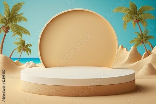 Tropical product placement podium stage with summer beach palm tree. Minimal display podium illustration mock-up template for product advertisement.