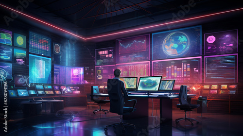 Create a futuristic trading office with holographic price charts floating in mid-air  surrounded by minimalist and sleek design elements Generative AI