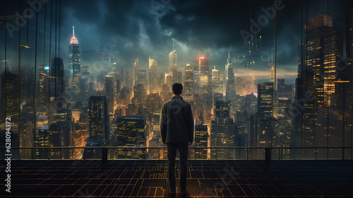 Capture a dramatic scene of a trader standing amidst an urban cityscape, with skyscrapers forming the lines of a candlestick price chart Generative AI