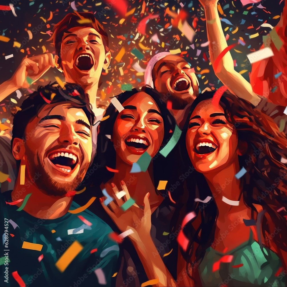 Group of friends enjoying party and throwing confetti. Friends having fun on the party. Generative AI. Group of friends enjoying party and throwing confetti. Friends having fun on the party. Generative AI.