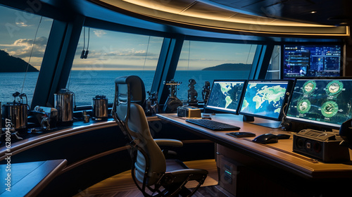 Paint a trader's yacht setup, with panoramic windows displaying ocean views alongside real-time price charts on screens Generative AI © Maksym