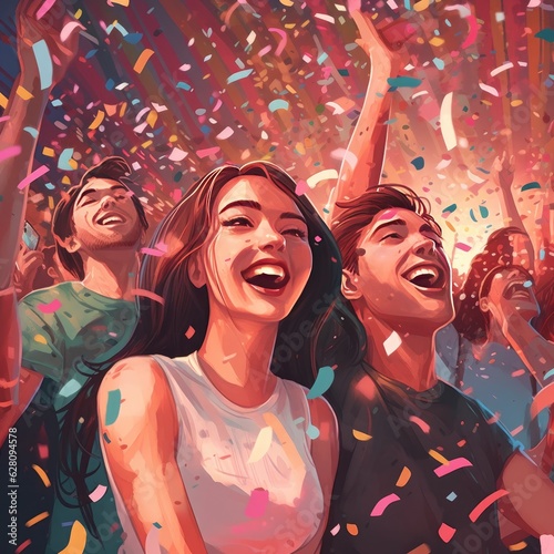 Group of friends enjoying party and throwing confetti. Friends having fun on the party. Generative AI.