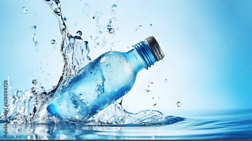 A Captivating Bottle of Water Splash on a Serene Blue Canvas! A Captivating Bottle of Water Splash on a Serene Blue Canvas!