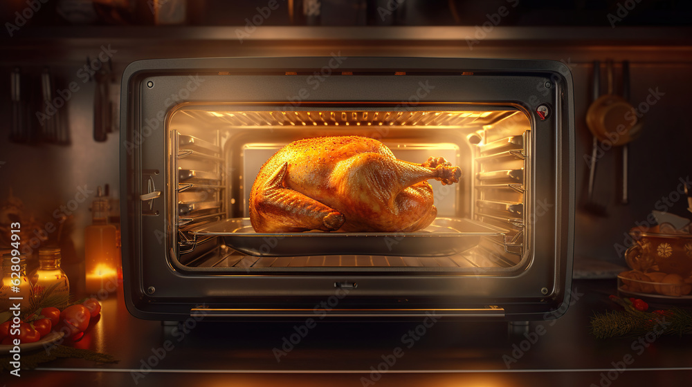 Obraz premium Mouthwatering Christmas Turkey Baking in the Oven. Generative AI