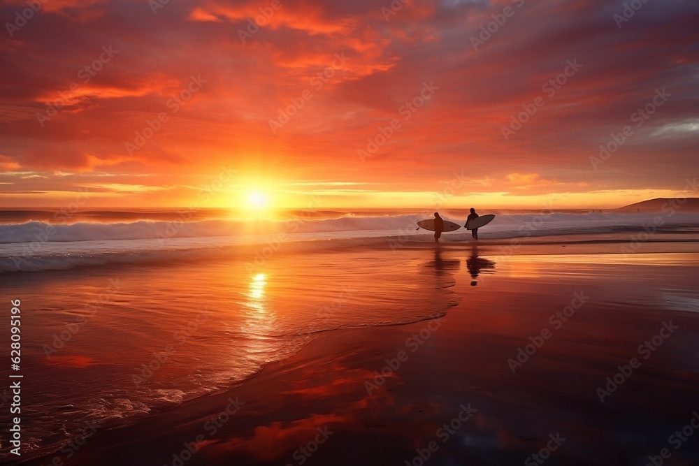Surfers at Sunrise Mesmerizing Cloud Reflections, Generative Ai