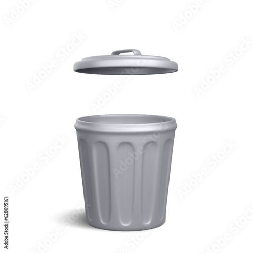 3d realistic silver open trash can isolated on white background. Vector illustration