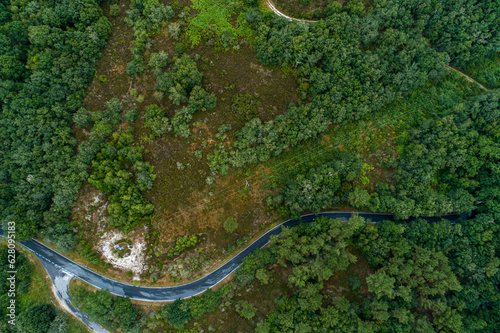 aerial view of a mountain road on an overcast day