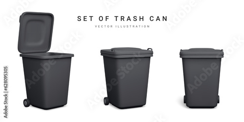 Set of 3d realistic black trash cans isolated on white background. Vector illustration