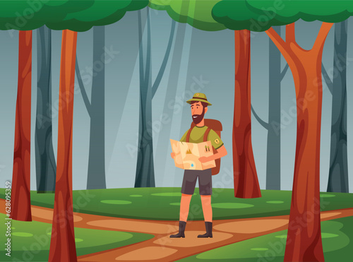 Vector rangers with man cartoon character looking at map