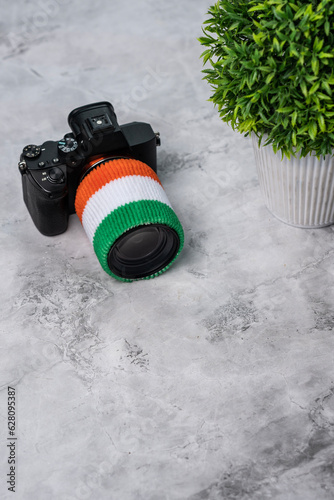 Photography Independence day Photography image, Camera with tricolour ribbon