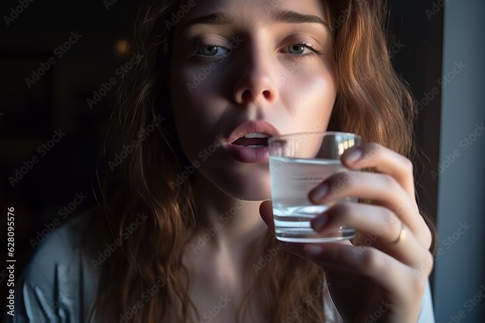 sick girl drinks a glass of water. generative ai. sick girl drinks a glass of water. generative ai.