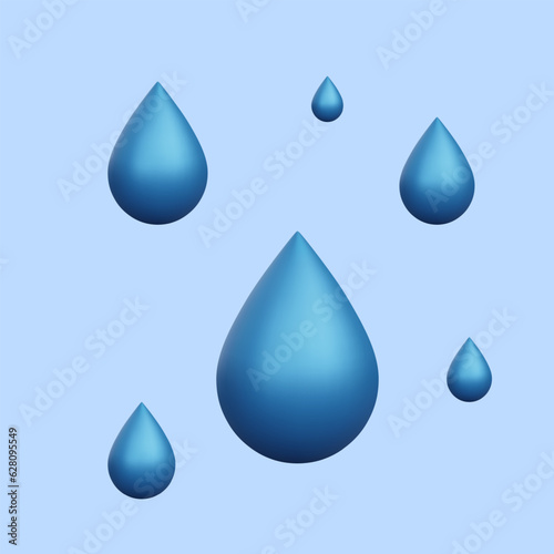 3d realistic water drops isolated on blue background. Raindrops. Vector illustration
