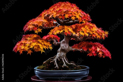 Illustration of a genetically modified bonsai tree with vibrant red and yellow leaves, created using generative AI