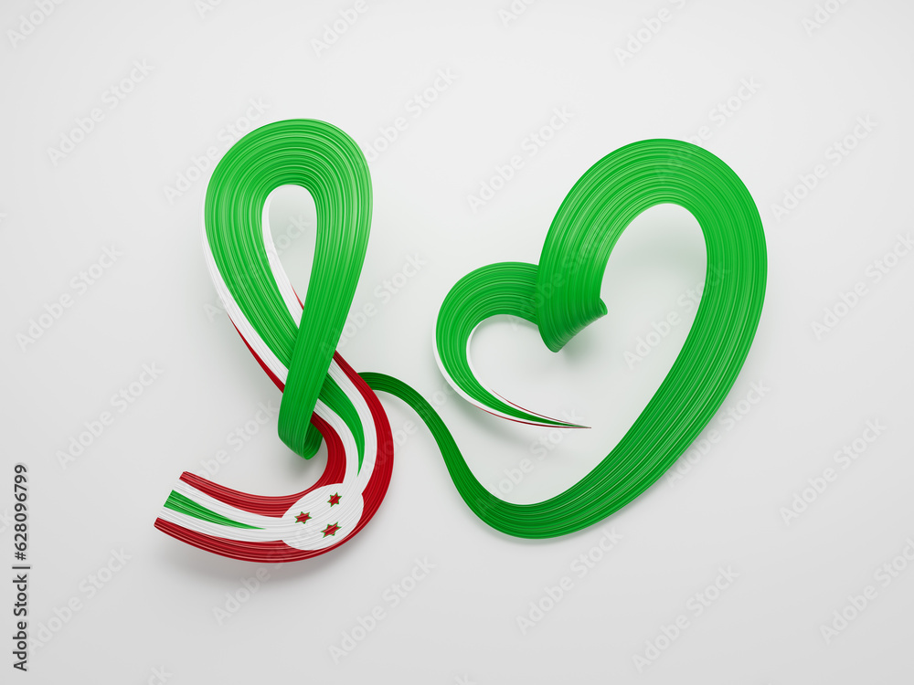 3d Flag Of Burundi Heart Shaped Shiny Wavy Awareness Ribbon flag On White Background 3d illustration