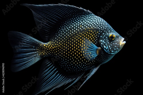 Illustration of a blue and yellow fish swimming in a vibrant and abstract underwater world, created using generative AI © Marius