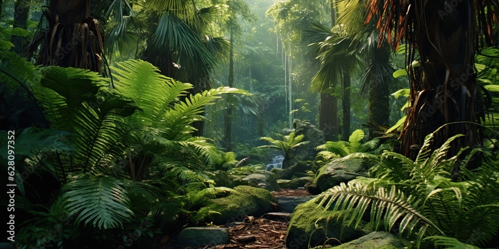 AI Generated. AI Generative. Wild tropical jungle forest park tree landscape. Adventure travel risky explore trip background landscape. Graphic Art - obrazy, fototapety, plakaty 