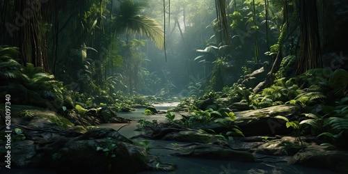 AI Generated. AI Generative. Wild tropical jungle forest park tree landscape. Adventure travel risky explore trip background landscape. Graphic Art