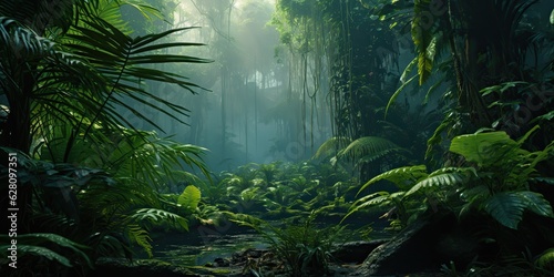 Fototapeta Krajobraz dzikiej tropikalnej dżungli; wygenerowano sztuczną inteligencją