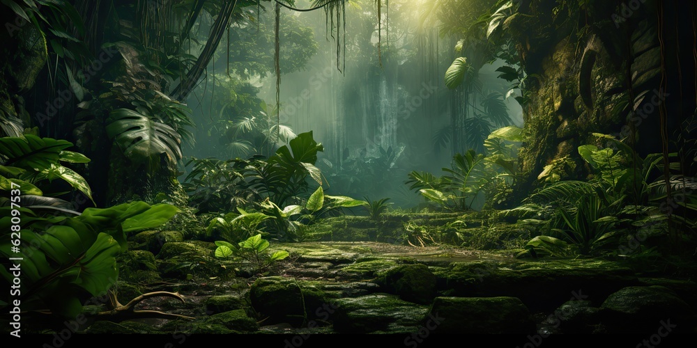 AI Generated. AI Generative. Wild tropical jungle forest park tree landscape. Adventure travel risky explore trip background landscape. Graphic Art AI Generated. AI Generative. Wild tropical jungle forest park tree landscape. Adventure travel risky explore trip background landscape. Graphic Art