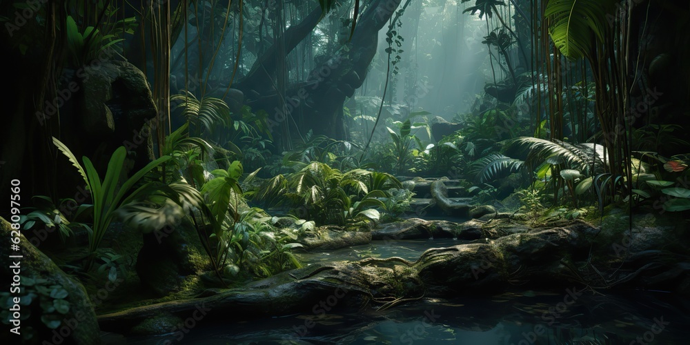 Fototapeta premium AI Generated. AI Generative. Wild tropical jungle forest park tree landscape. Adventure travel risky explore trip background landscape. Graphic Art