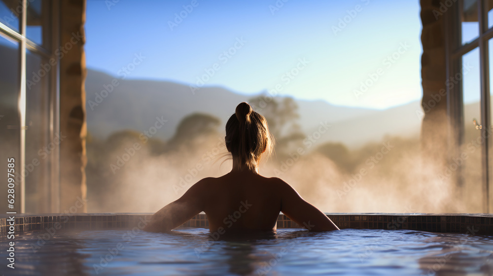 Spa pool, woman relaxing in hot tub Spa pool, woman relaxing in hot tub
