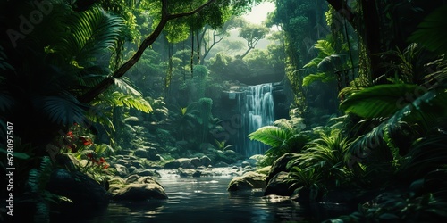 AI Generated. AI Generative. Wild tropical jungle forest park tree landscape. Adventure travel risky explore trip background landscape. Graphic Art