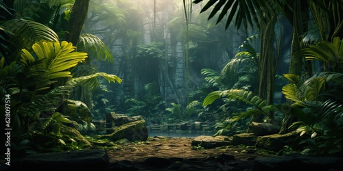 Fototapeta Naklejka Na Ścianę i Meble -  AI Generated. AI Generative. Wild tropical jungle forest park tree landscape. Adventure travel risky explore trip background landscape. Graphic Art