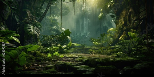 AI Generated. AI Generative. Wild tropical jungle forest park tree landscape. Adventure travel risky explore trip background landscape. Graphic Art