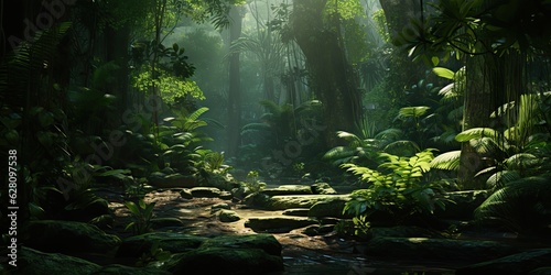 AI Generated. AI Generative. Wild tropical jungle forest park tree landscape. Adventure travel risky explore trip background landscape. Graphic Art © AkimD