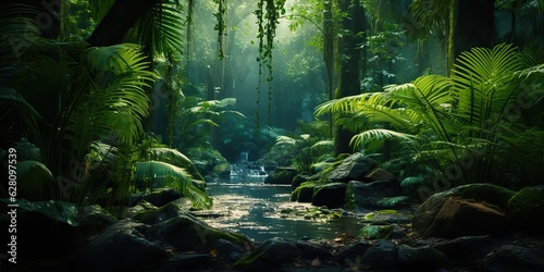AI Generated. AI Generative. Wild tropical jungle forest park tree landscape. Adventure travel risky explore trip background landscape. Green plant botanical vibe