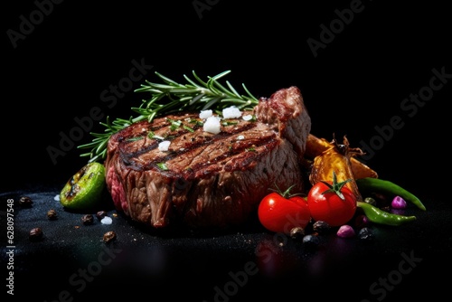 Illustration of a juicy steak and colorful vegetables on a sleek black background, created using generative AI