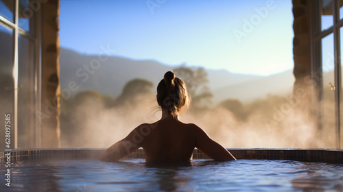Spa pool, woman relaxing in hot tub. Generative AI