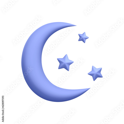 3d realistic crescent and stars isolated on white background. Abstract moon with bright stars in cartoon style. Vector illustration