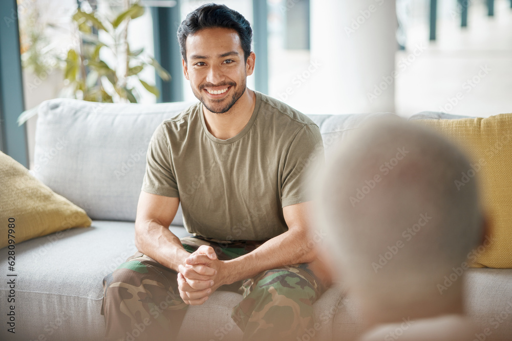 Smile, soldier and man with psychologist for therapy, consultation and military communication. Happy, army veteran and counselling with therapist for mental health, help or support on sofa in office - obrazy, fototapety, plakaty 