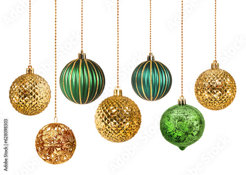 Seven gold and green decoration Christmas balls collection hanging isolated