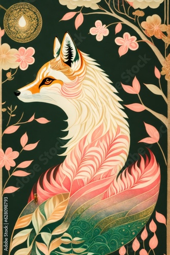 image of the ultimate (nine-tailed fox girl) unfolds. She stands amidst a mystical forest, exuding ethereal elegance. Decorative graphic art