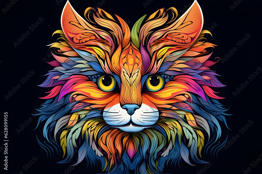 Colorful decorative doodle ornamental portrait of cat.